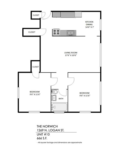 Floor plan for 2 beds, 1 bath, 714 sqft